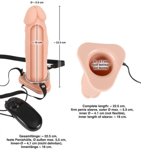 Vibrační dutý strap-on s dálkovým kabelovým ovladačem
