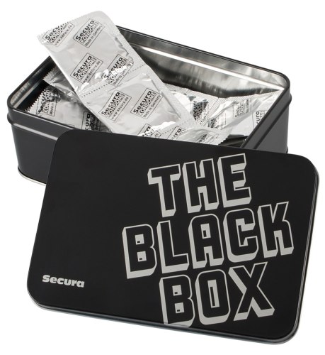 Černé kondomy s výstupky Secura The Black Box, 50 ks - v plechové dóze