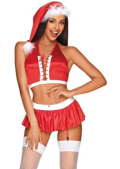 Vánoční kostým Ms. Claus – minisukně s tangy, top, punčochy a čepice – Vánoční erotické prádlo