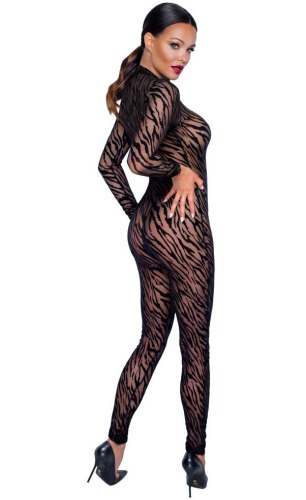 NOIR Celotělový průsvitný catsuit s tygřím vzorem a trojcestným zipem