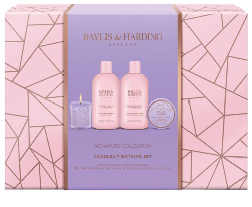 Kosmetická sada se svíčkou Baylis & Harding – jojoba, vanilka a mandle, 4 ks
