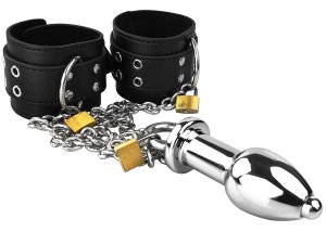Kovový dutý anální kolík s řetězy a pouty – Bondage sady a postroje s pouty