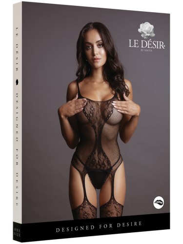 Síťovaný catsuit s krajkou a odhaleným rozkrokem Le Désir, one size