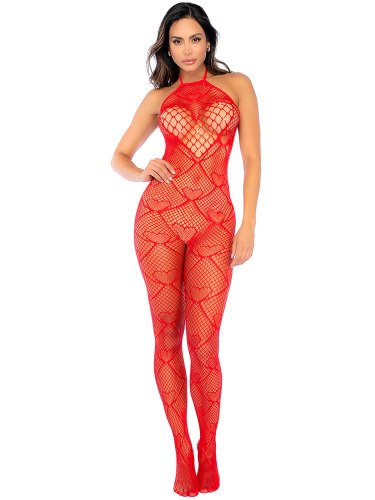Síťovaný catsuit se srdíčky a lesklými kamínky Mapalé, one size